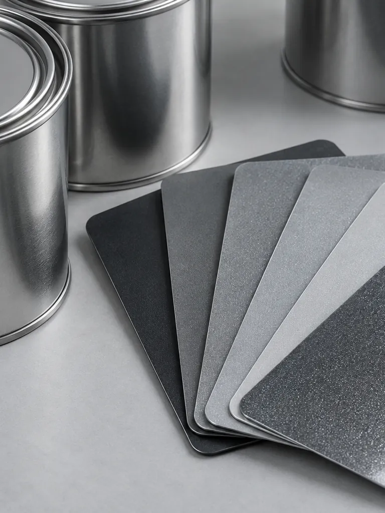 Plain paint tins and painted metal sample cards in graphite and silver