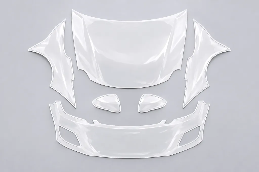 Pre-cut film pieces for the front end laid out flat: bonnet, bumper, two wings and two mirror caps