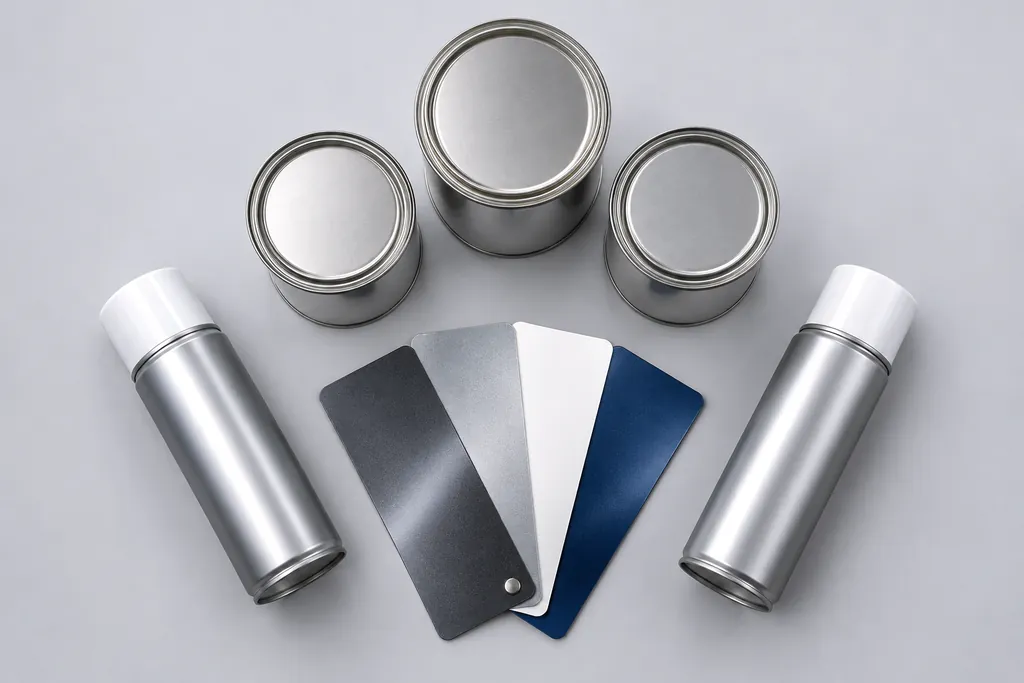 Plain paint tins, two spray cans and a fan of painted colour sample cards