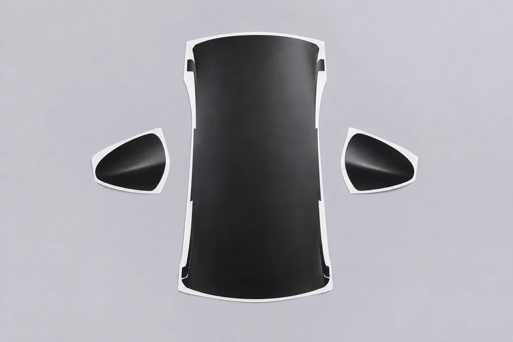 A pre-cut roof piece and two mirror cap pieces in satin black wrap film on backing paper